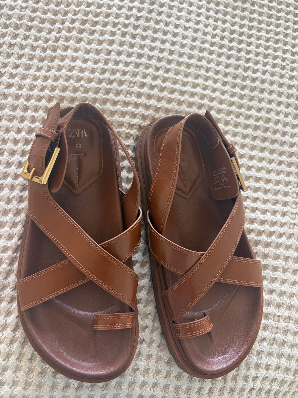 Zara Tan Leather Crisscross Sandals with Gold Buckles